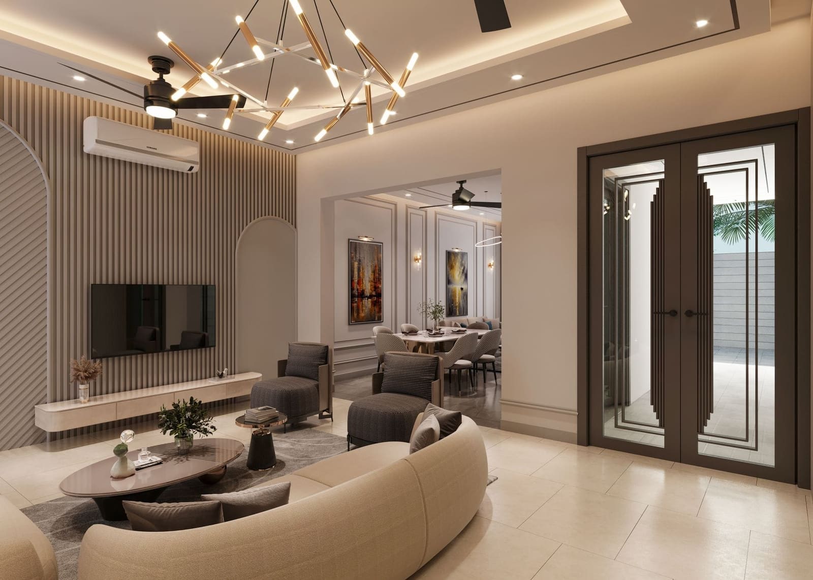 Bright living room with a feature wall, sofas and warm lighting