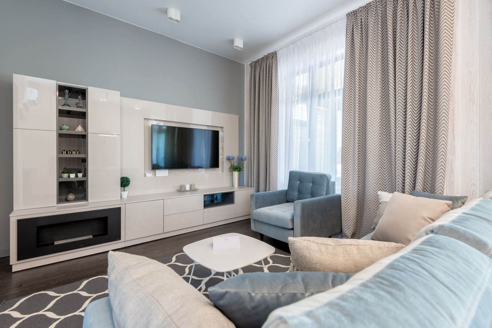 Contemporary living room with built-in media wall and daylight