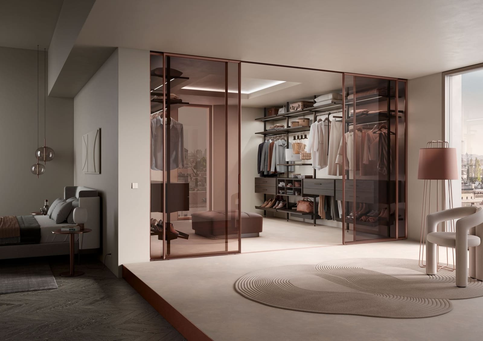 Walk-in wardrobe with glass sliding doors